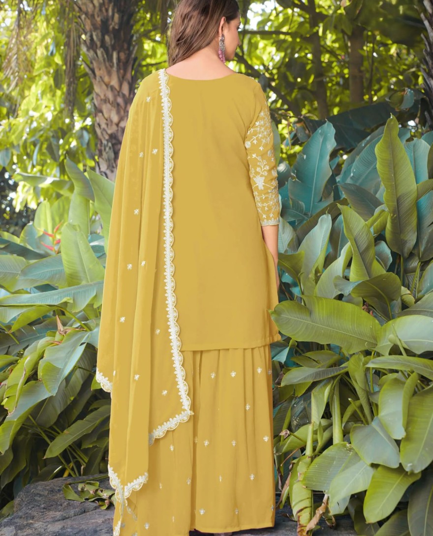 YELLOW - Graceful Yellow Bead Embroidery Georgette Haldi Wear Palazzo Suit